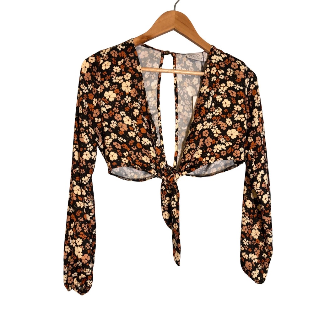 NWT RESA Floral Front Tie Crop Top Long Sleeve Sz XS Brown Open Back Swim Cover